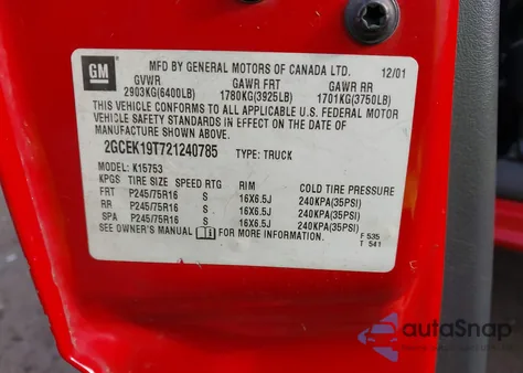 2002 Chevrolet Silverado 1500 z USA, uszkodzony, nr VIN 2GCEK19T721240785